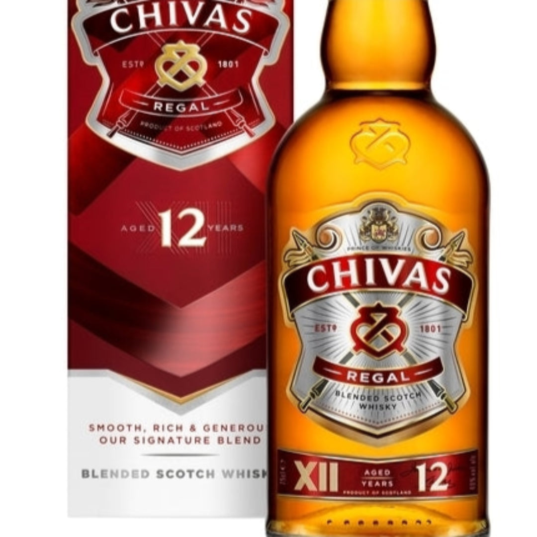 Chivas Regal 12-year-old whisky bottle and box on a white background