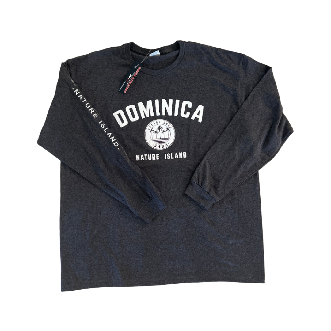 Dark gray sweatshirt with 'Dominica Nature Island' text on a marble surface