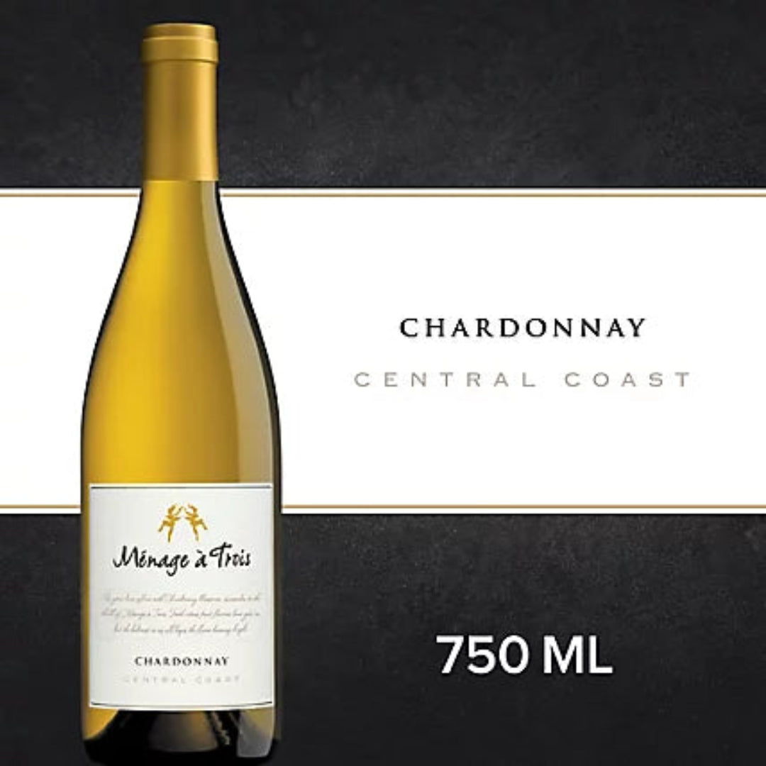 Wine bottle of Chardonnay from Menage a Trois on a black background