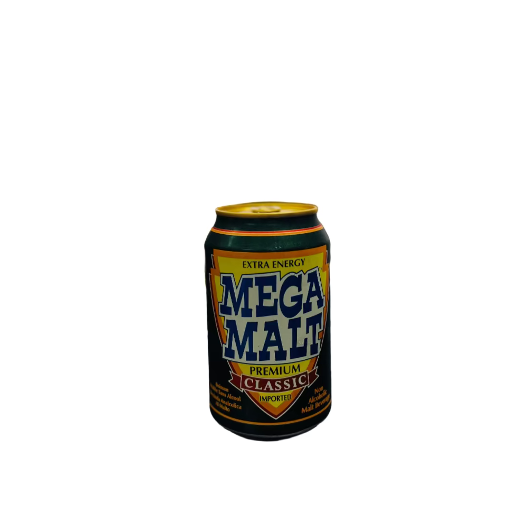 Mega Malt can on a counter with a blurred store background