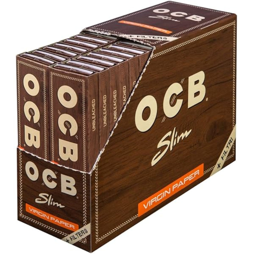Box of OCB Slim rolling papers with virgin paper and filters on a white background