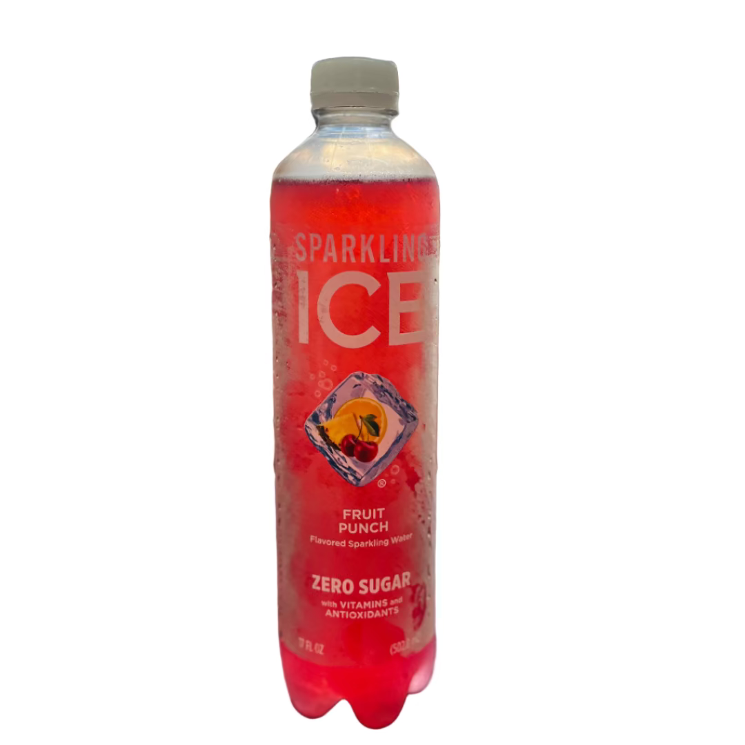 Pink Sparkling Ice bottle on a dark surface with a blurred background