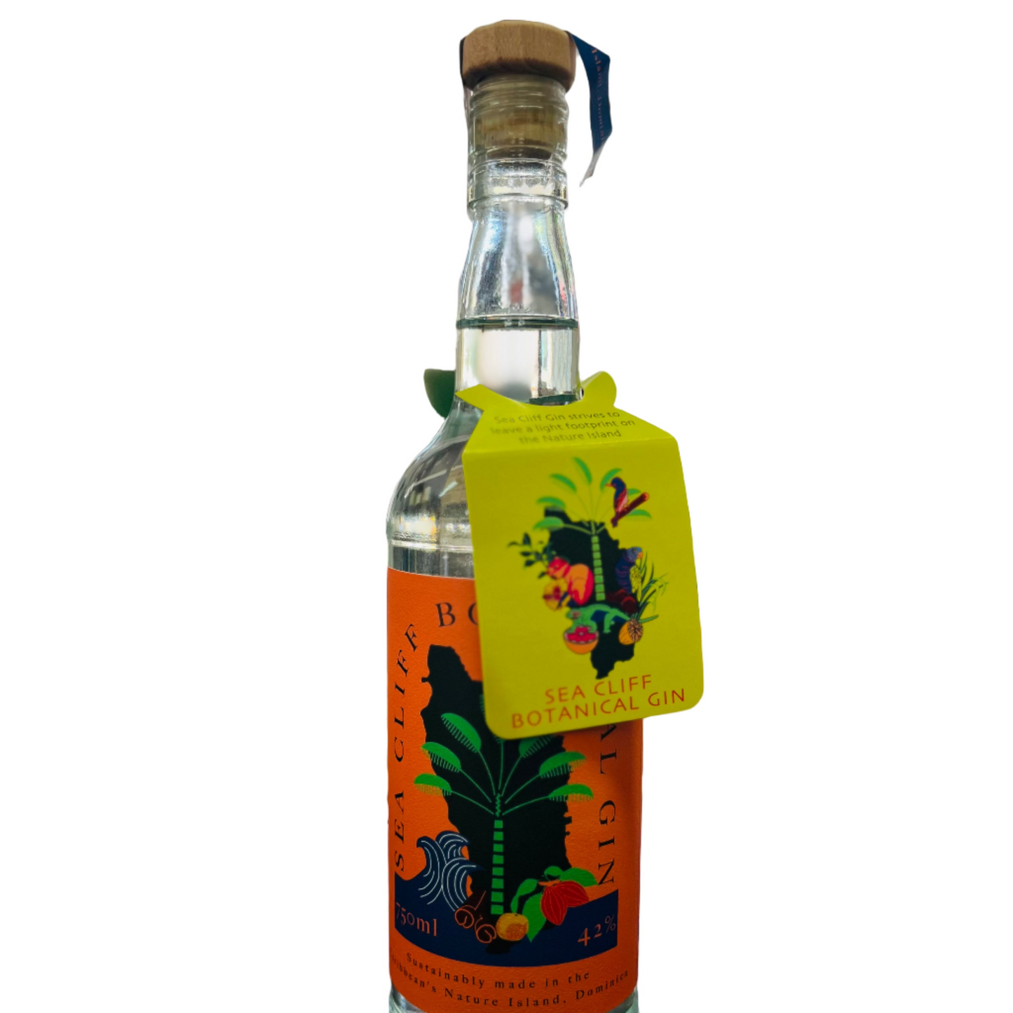 Bottle of Seafire Botanical Gin with a colorful label on a bar counter.