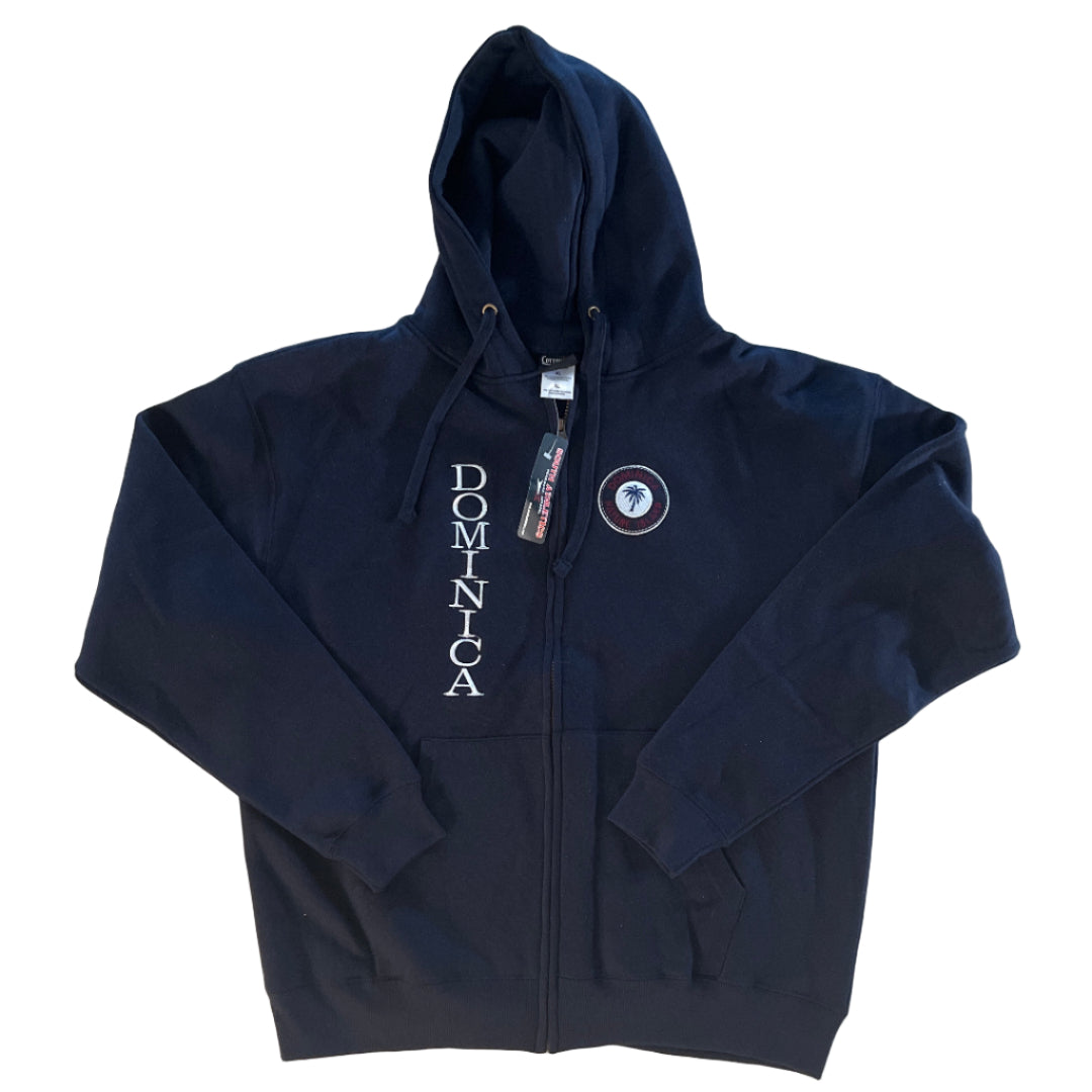 Folded navy blue hoodie with branding