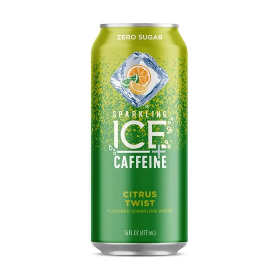 Green can of Sparkling Ice Caffeine with citrus twist flavor on a white background