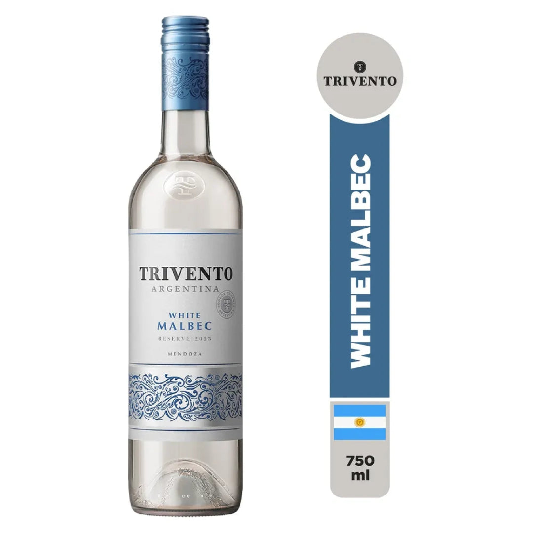 Trivento White Malbec wine bottle with label and Trivento logo on a white background