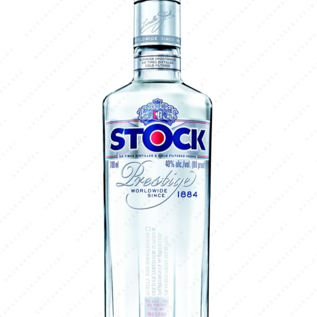 Clear Stock vodka bottle on a white background