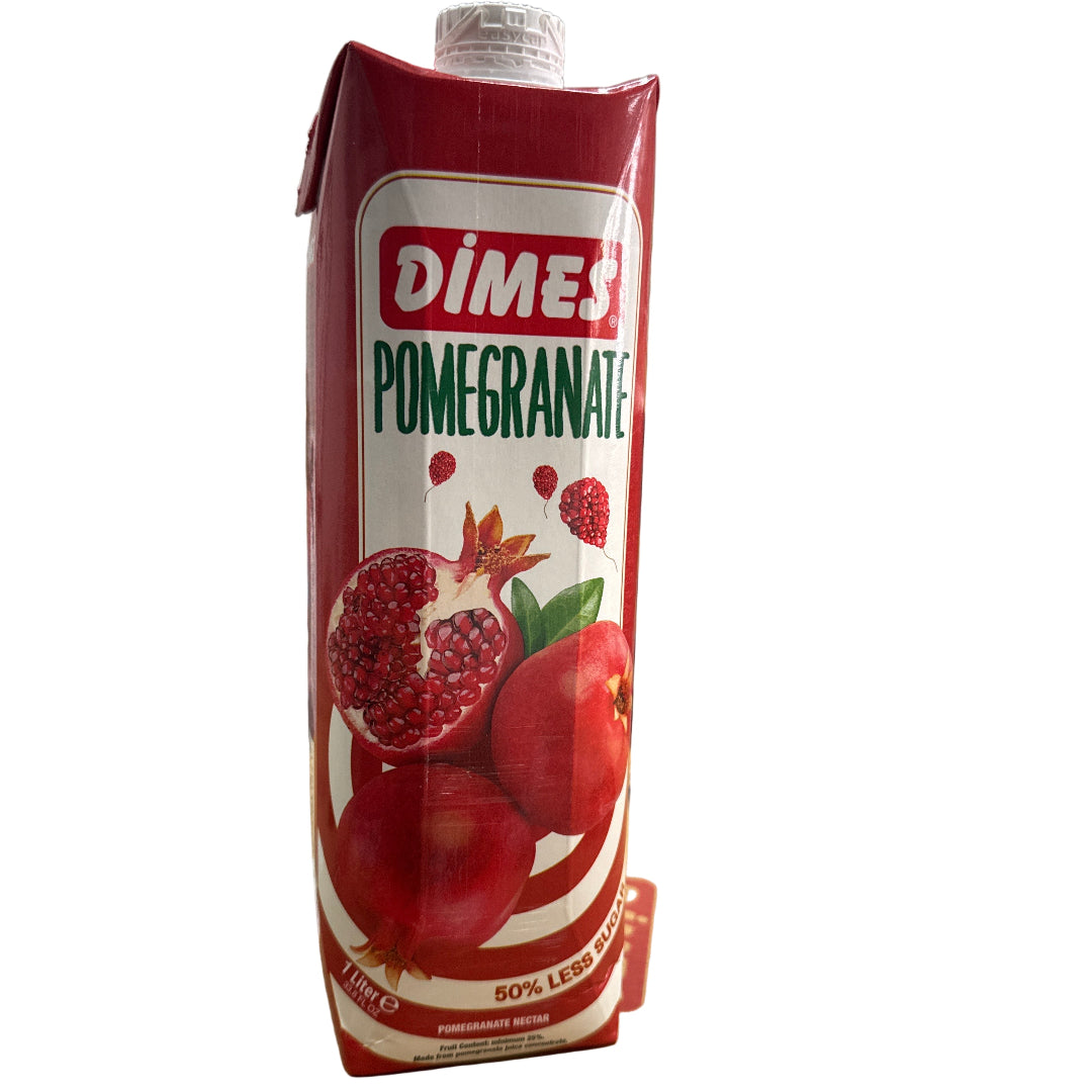 Dymes Pomegranate juice carton on a cardboard box with a store interior background