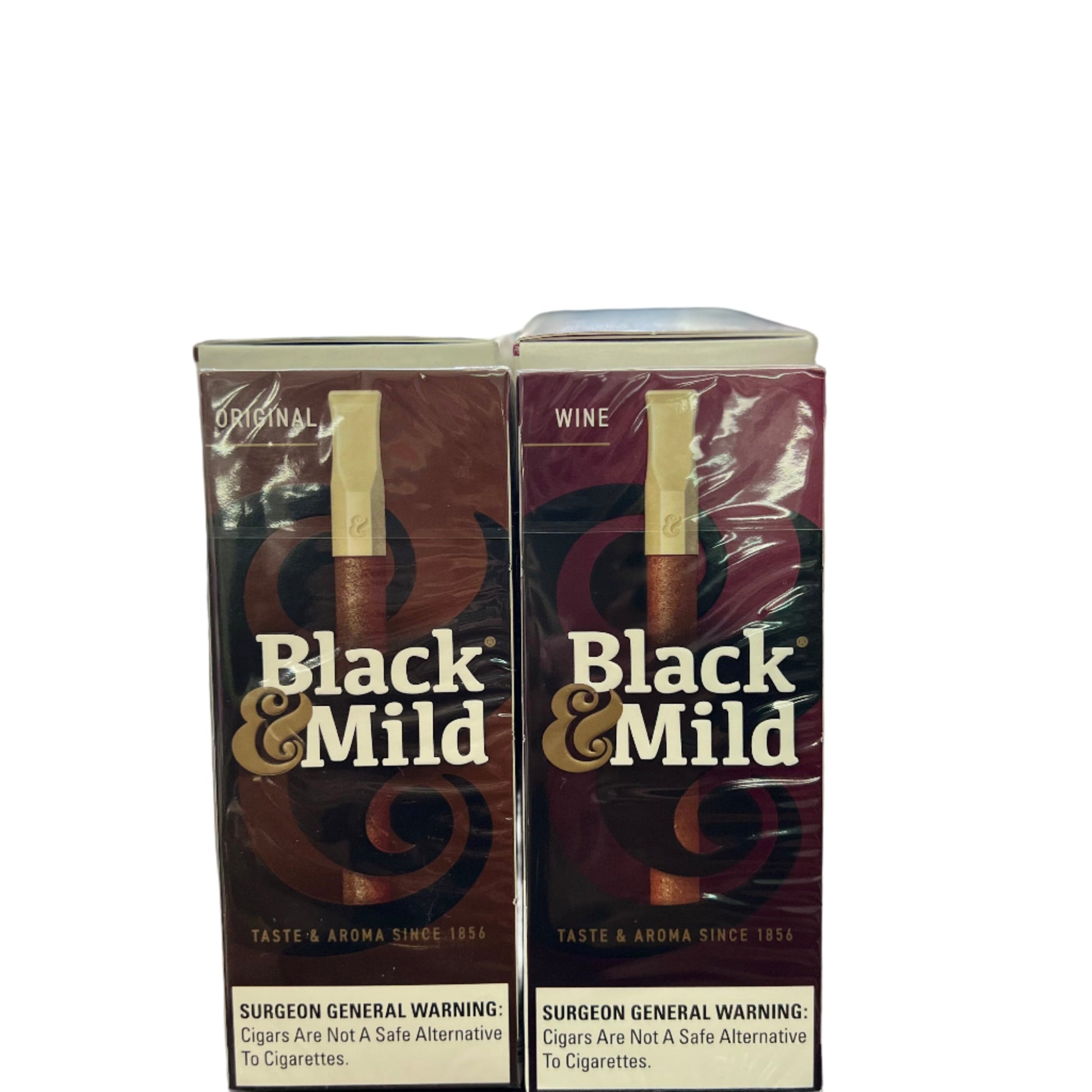 Two boxes of Black & Mild cigarettes on a counter with a blurred background.