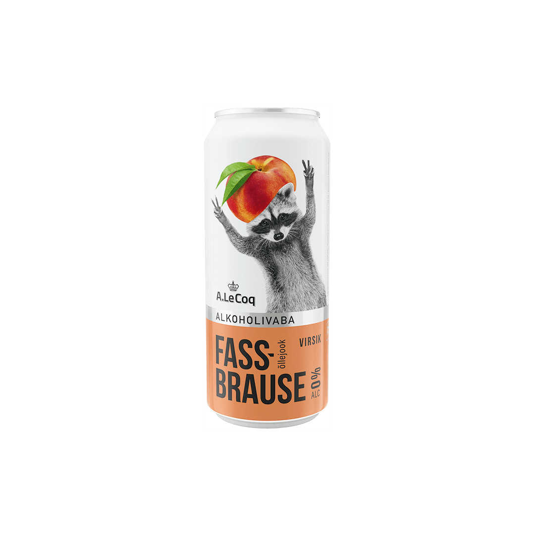 Can of Fass Brause with a raccoon and peach design on a white background