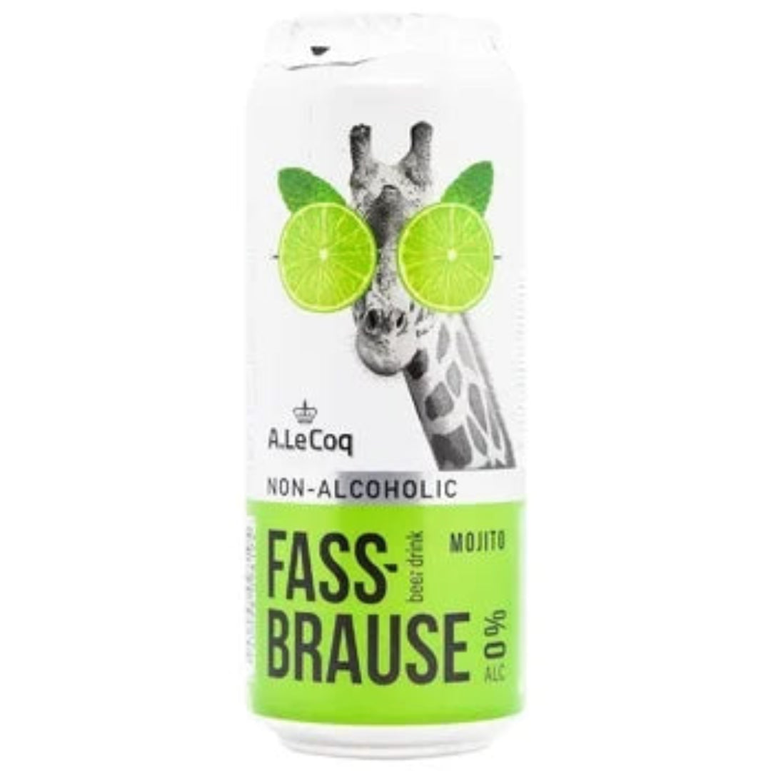 Can of A.Le Coq Fass-Brause non-alcoholic beer drink with a giraffe design on a white background