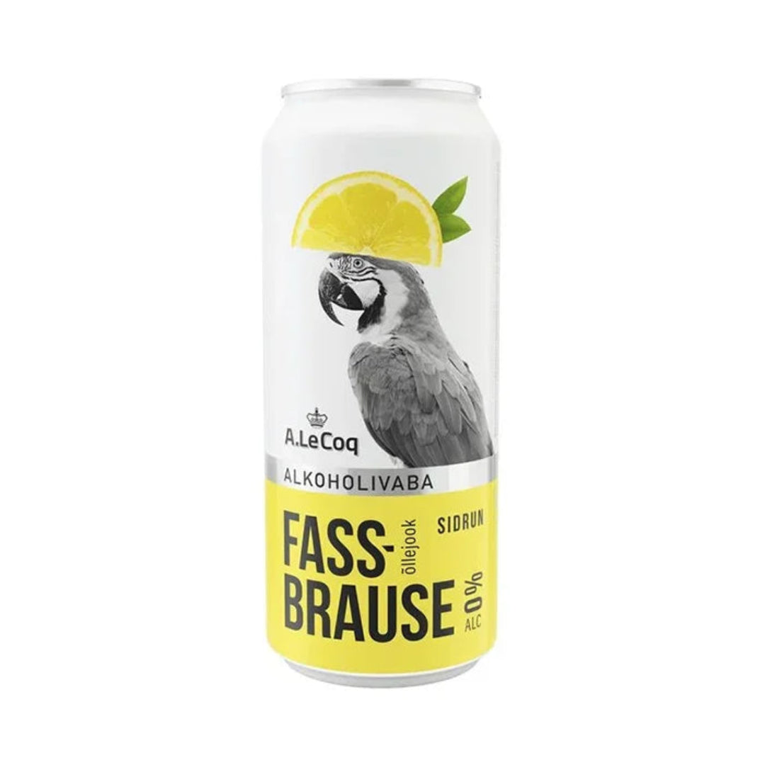 Can of A.LeCoq Fass-Brause with a parrot and lemon illustration on a white background