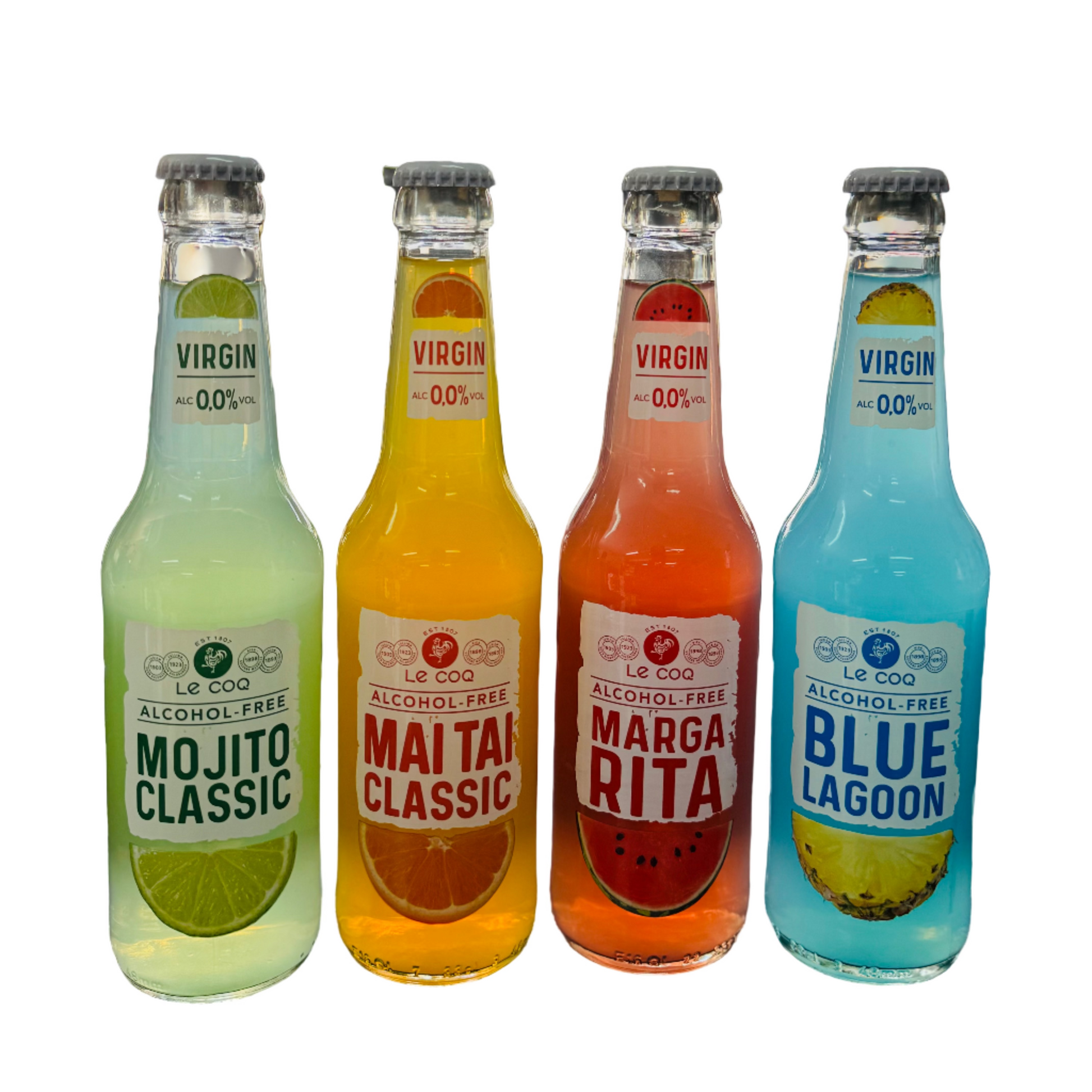 Four alcohol-free mocktail bottles on a bar counter with a blurred bar background.
