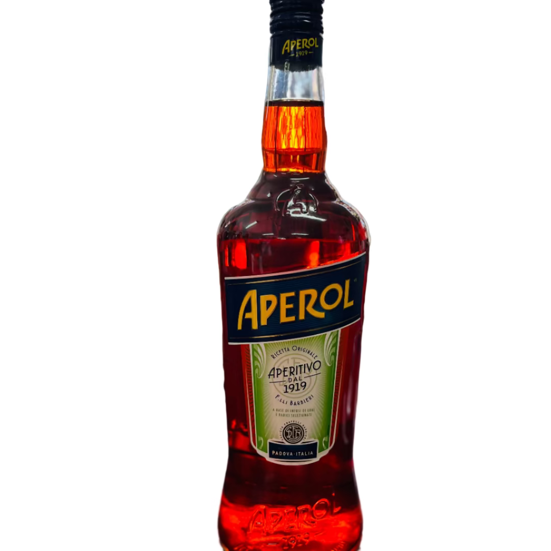 Bottle of Aperol on a bar counter with a blurred bar background