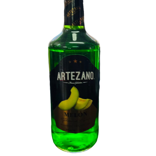 Green bottle of Artezano Melon liqueur on a bar counter with a blurred bar background