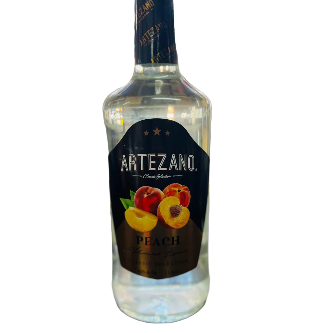 Bottle of Artezano Peach liqueur on a bar counter with a blurred background