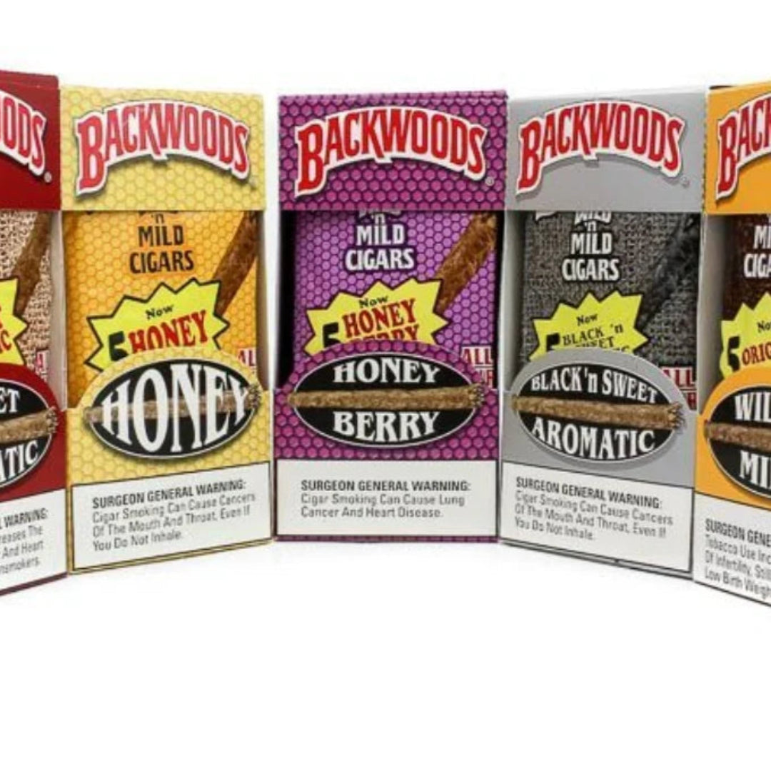 Five boxes of Backwoods cigars in various flavors on a white background