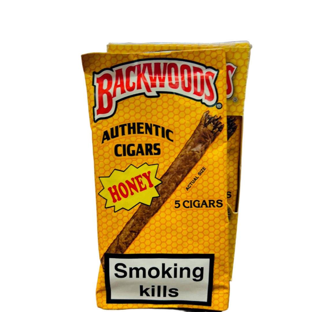 Backwoods Authentic Cigars Honey packaging on a counter with a blurred background
