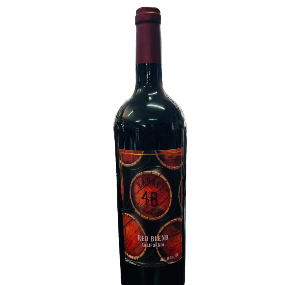 Bottle of red wine with a label on a bar counter