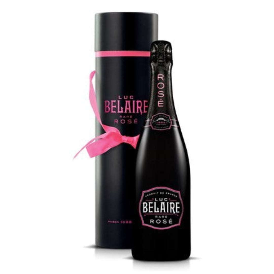 Black bottle of Luc Belaire Rose champagne with pink ribbon on a white background