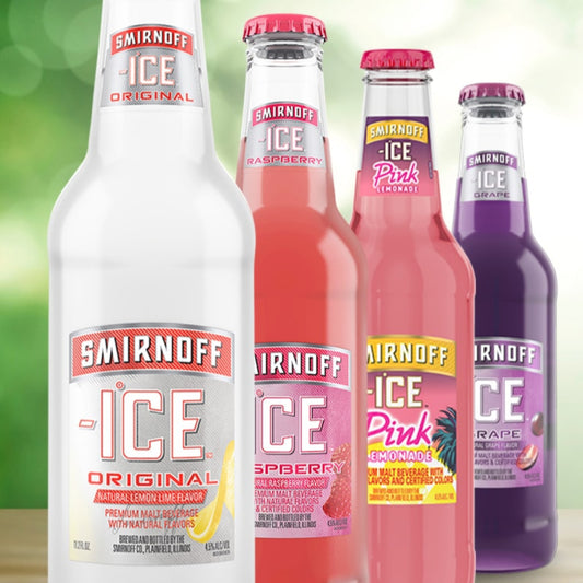 Four Smirnoff Ice bottles in different flavors on a blurred green background