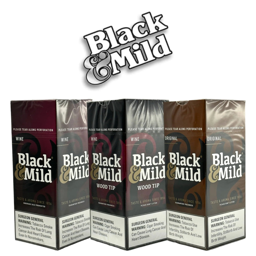 Multiple boxes of Black & Mild cigarettes with various flavors on a white background.