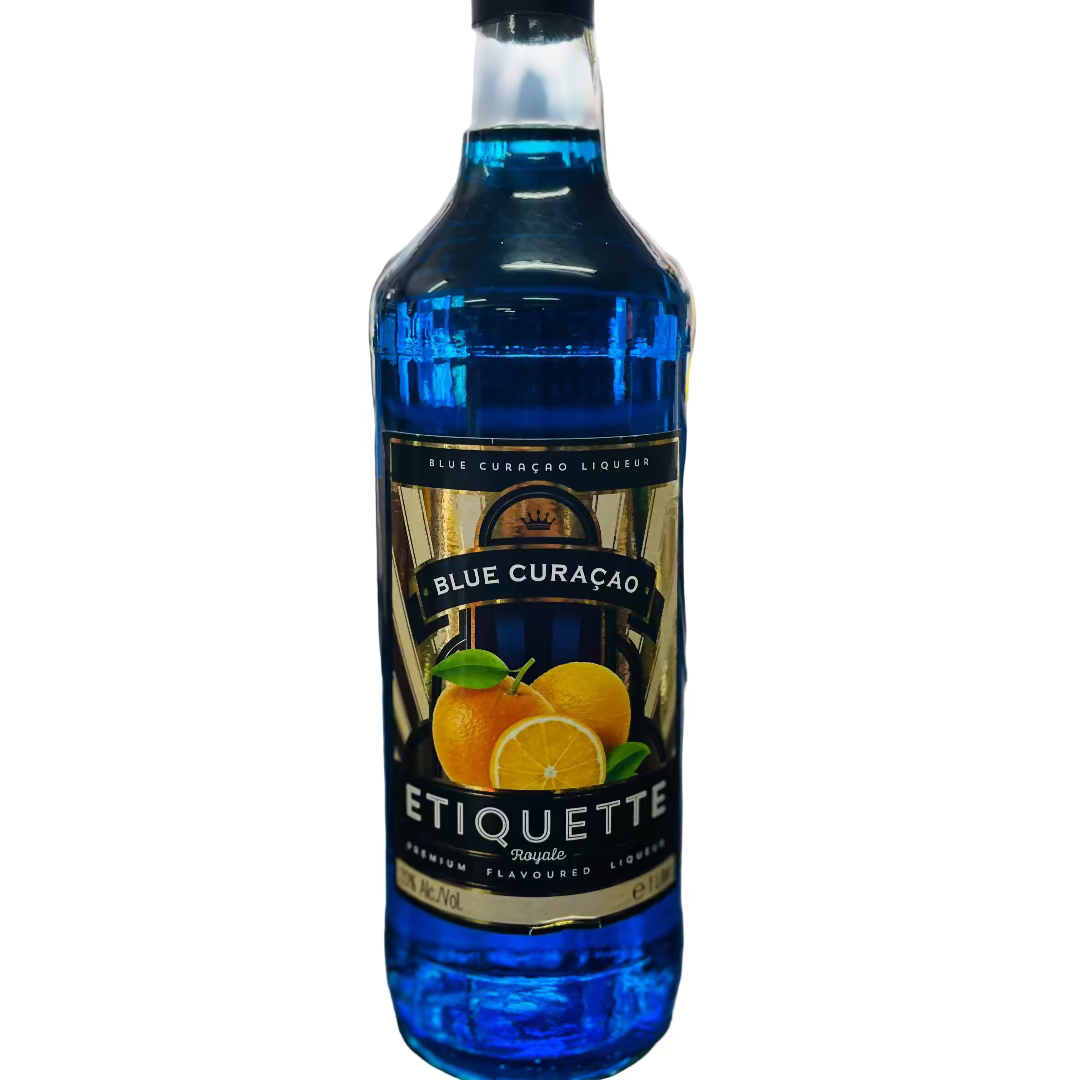 Blue Curacao bottle with a blurred bar background