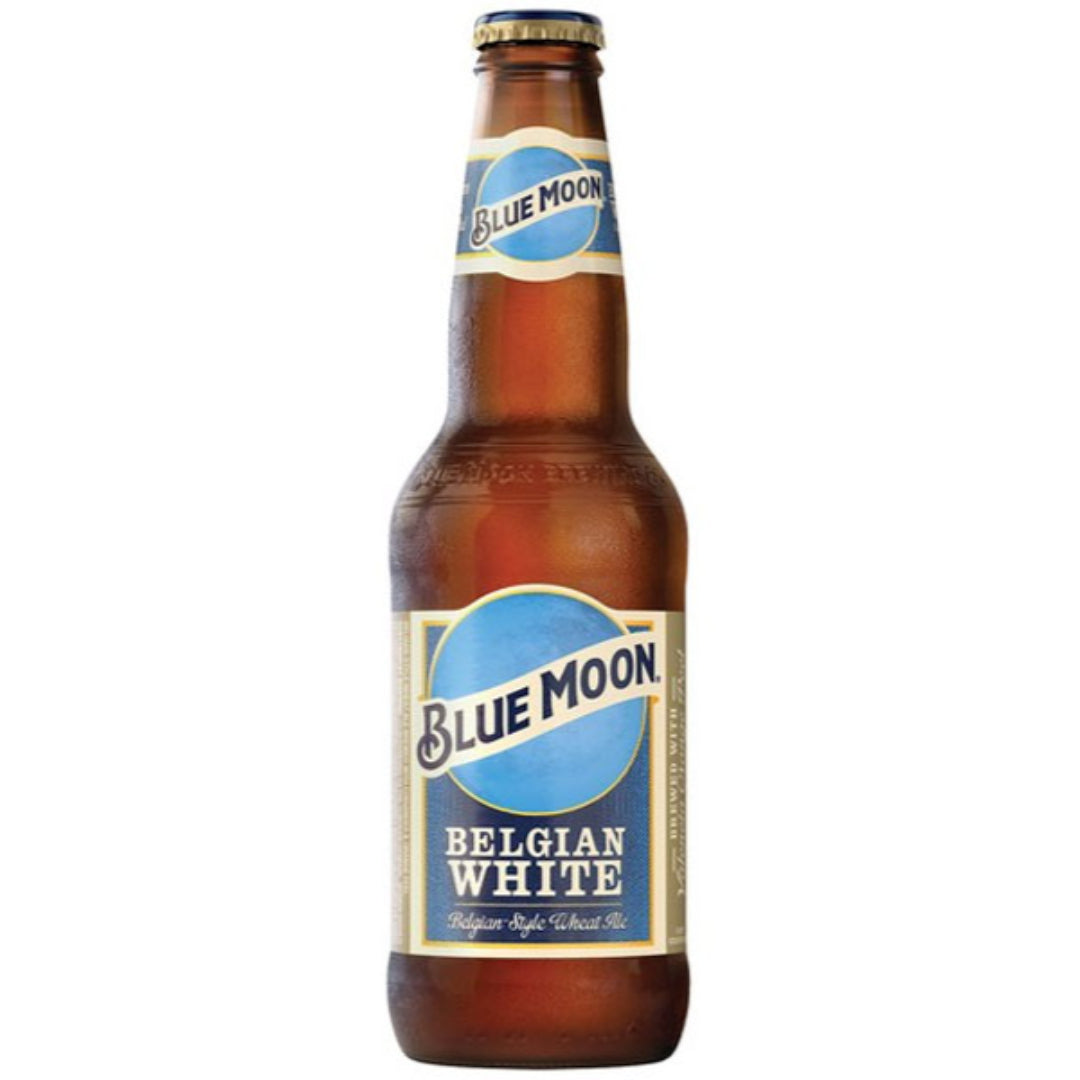 Blue Moon Belgian White beer bottle on a white background