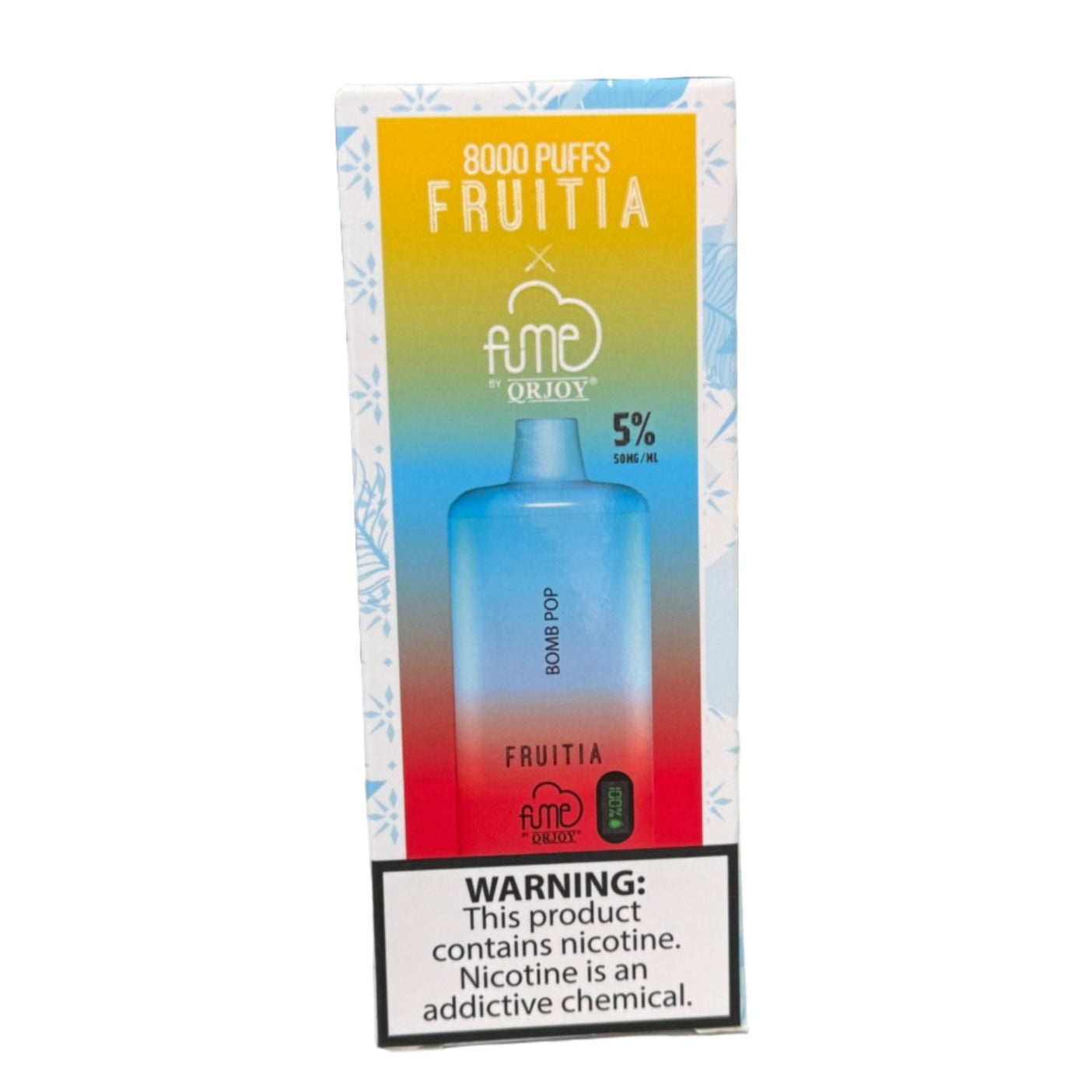 Fruitia vape device packaging with colorful gradient and brand logo on a white background