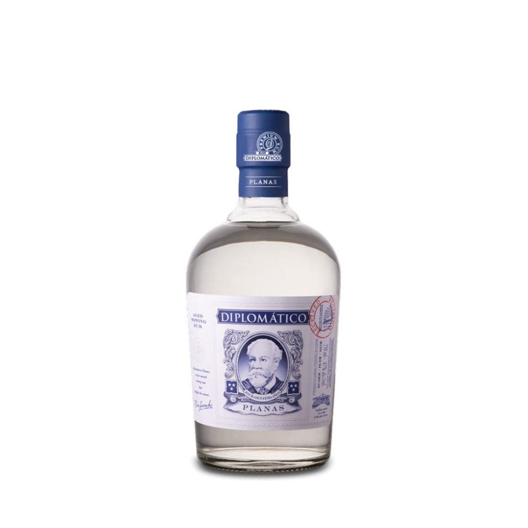 Bottle of Diplomatico Blanco rum on a white background