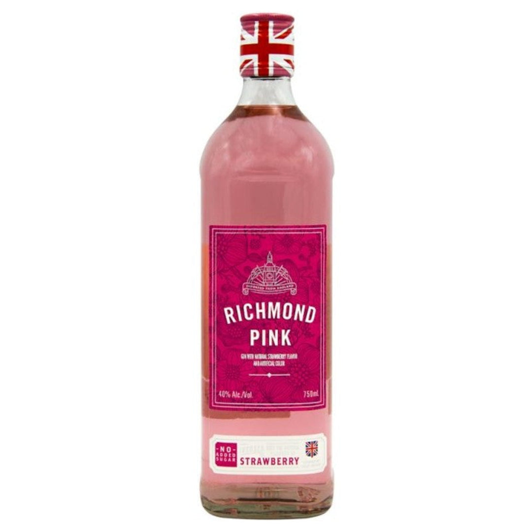 Bottle of Richmond Pink strawberry liqueur on a white background