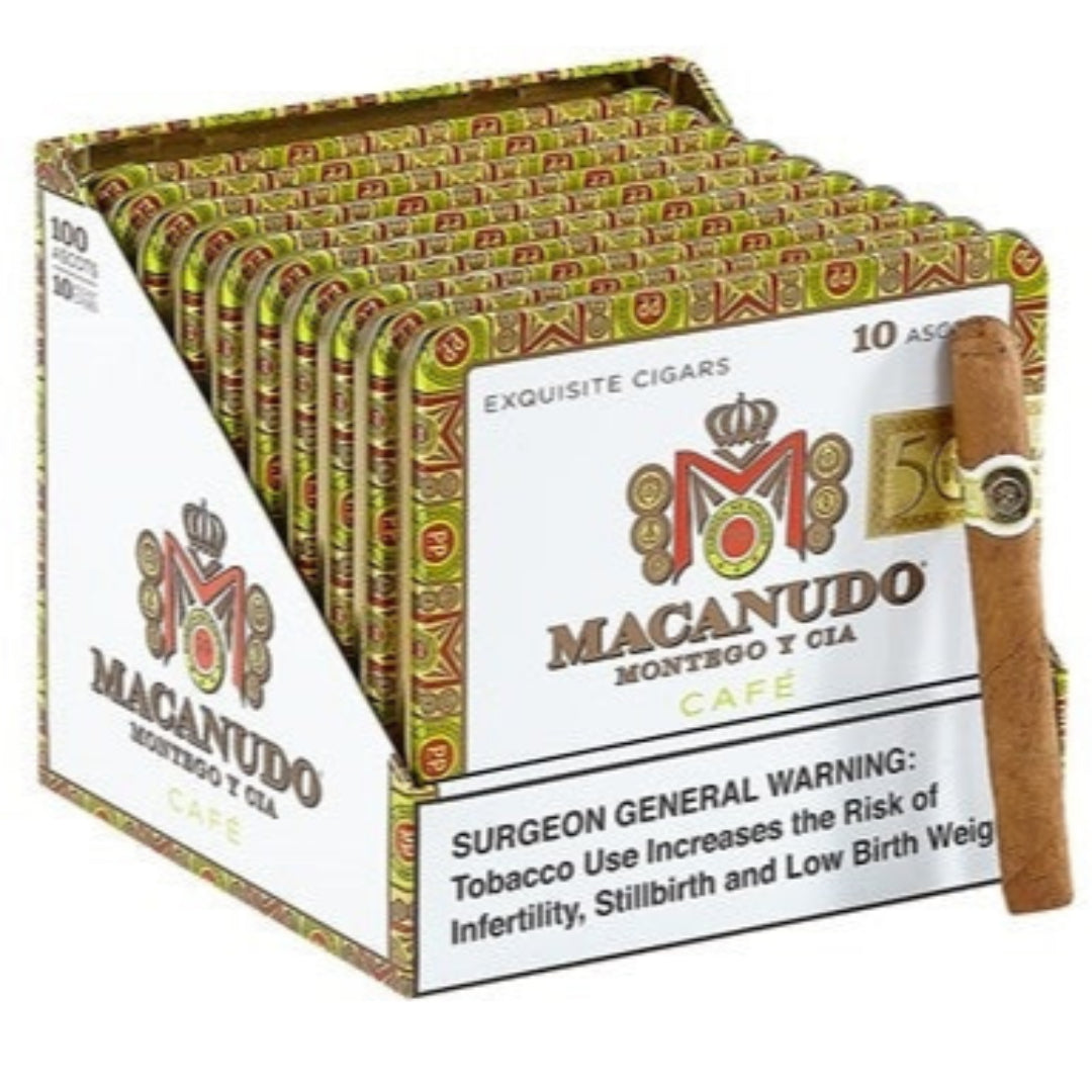 Box of Macanudo Cafe cigars with a single cigar on a white background