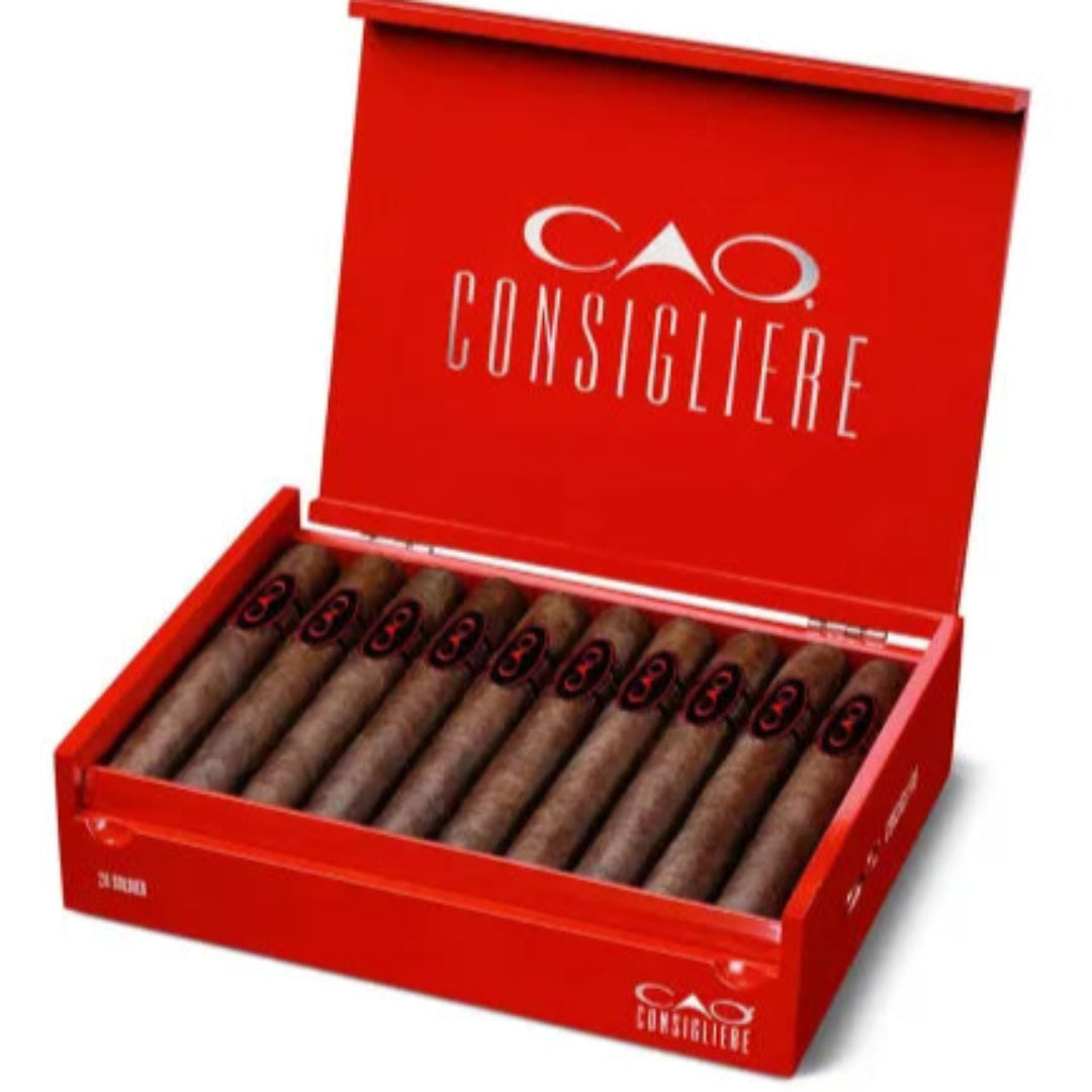 Open box of CAO Consigliere cigars on a white background