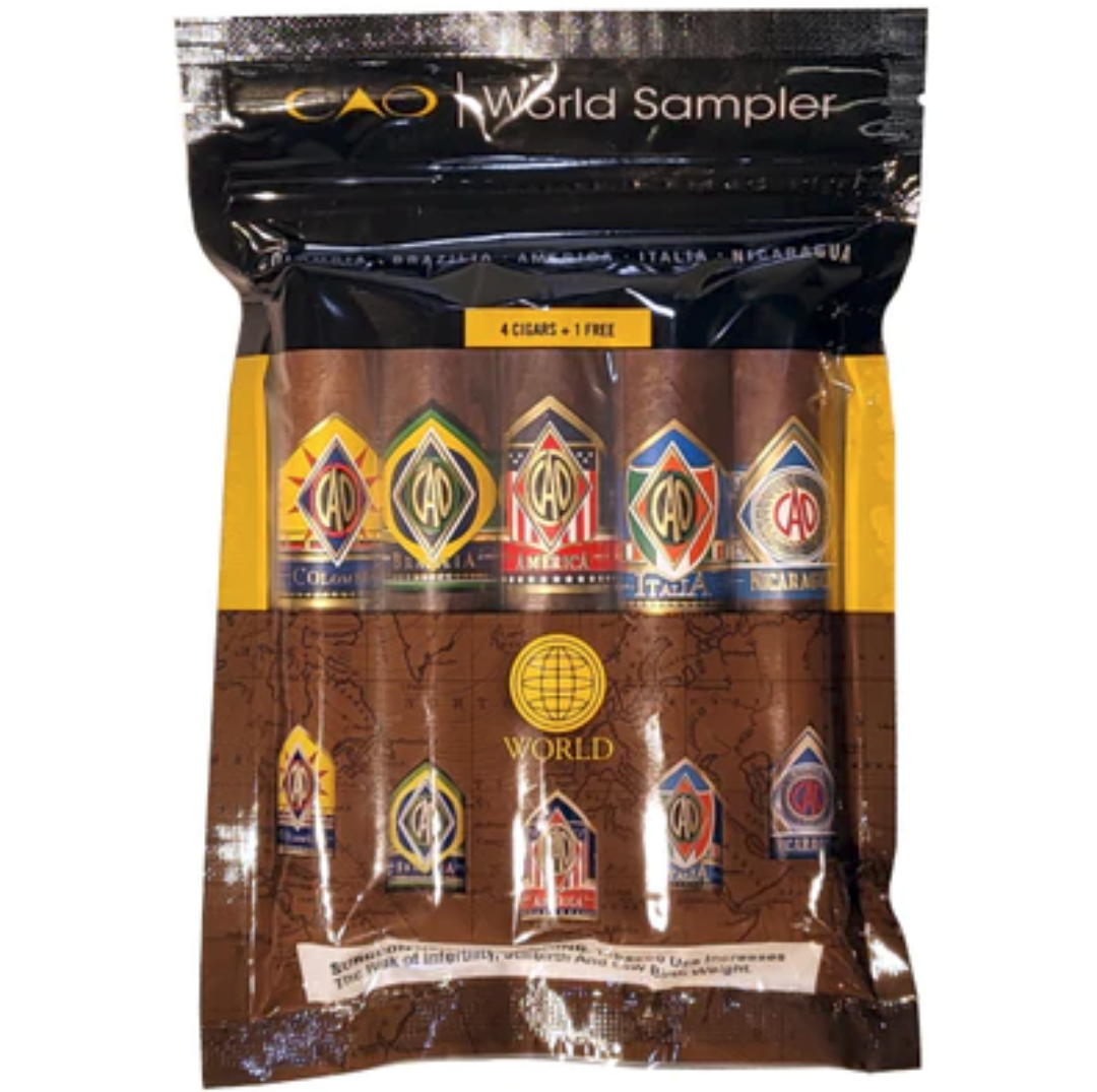 Pack of World Sampler cigars with various cigar labels on a clear plastic packaging.