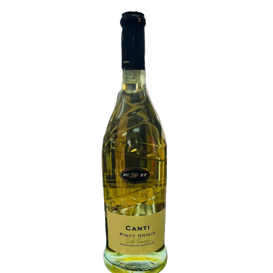 Bottle of Canti Pinot Grigio wine on a bar counter with a blurred bar background