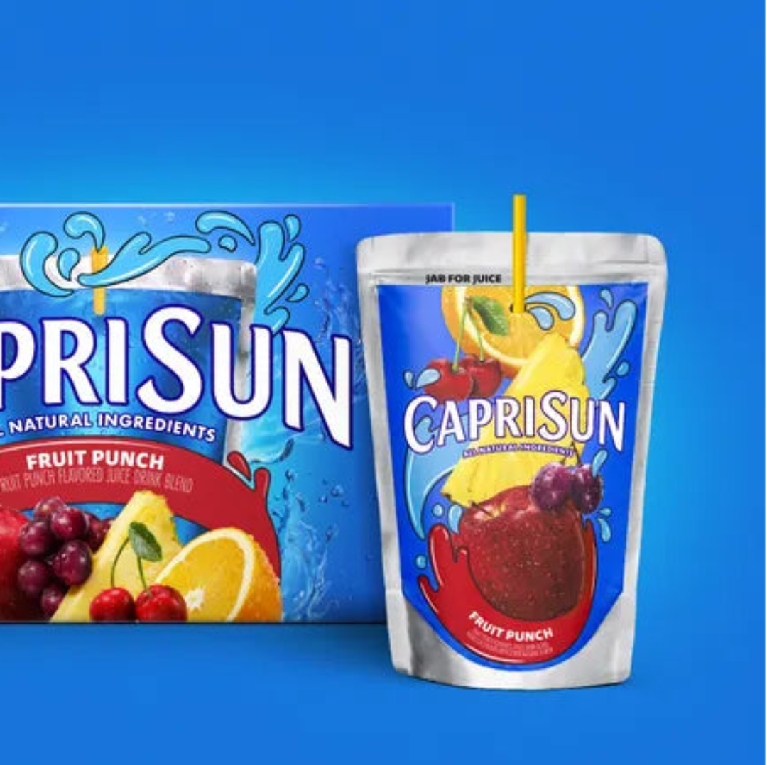 Capri Sun Fruit Punch juice pouches on a blue background