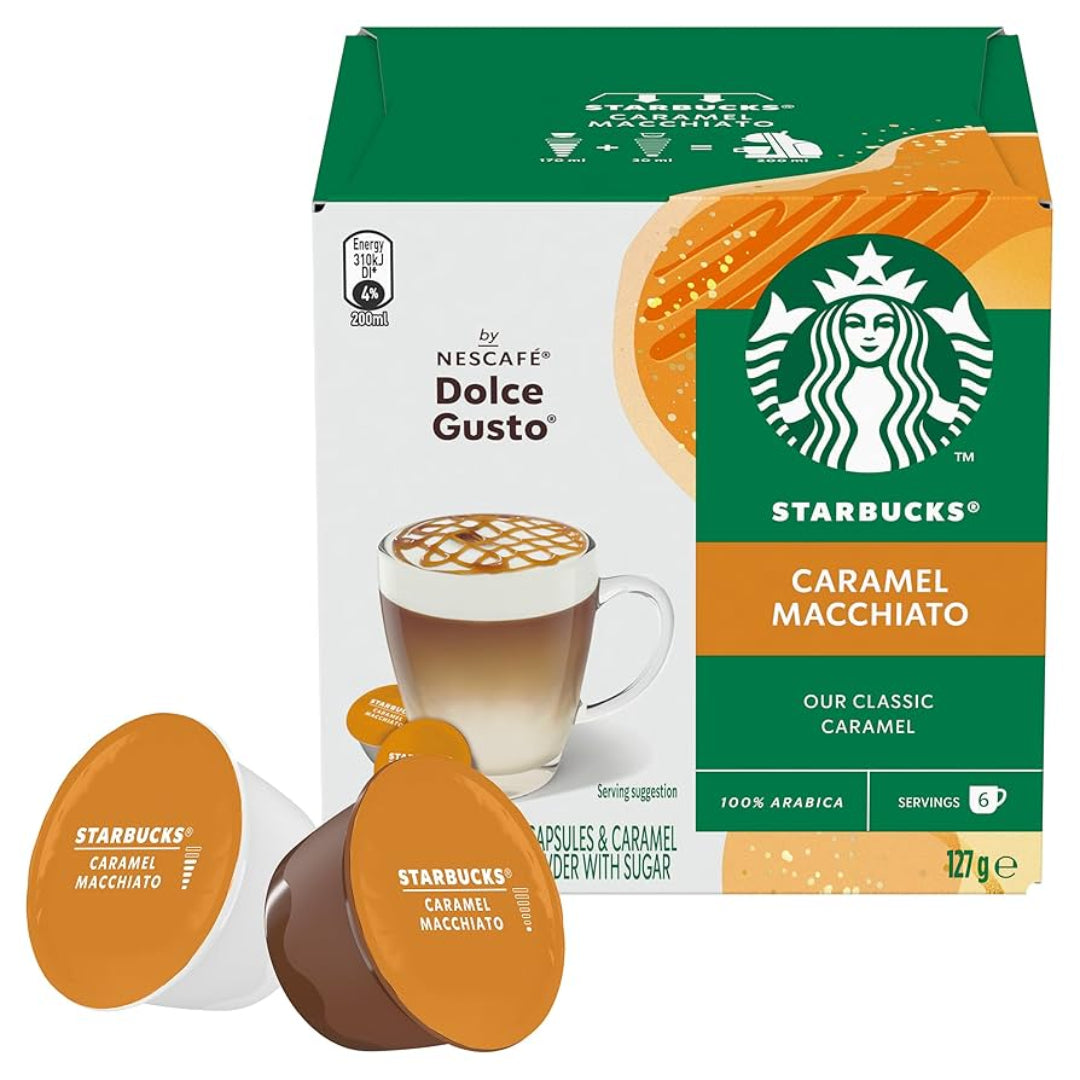 Starbucks Caramel Macchiato coffee capsules with packaging on a white background
