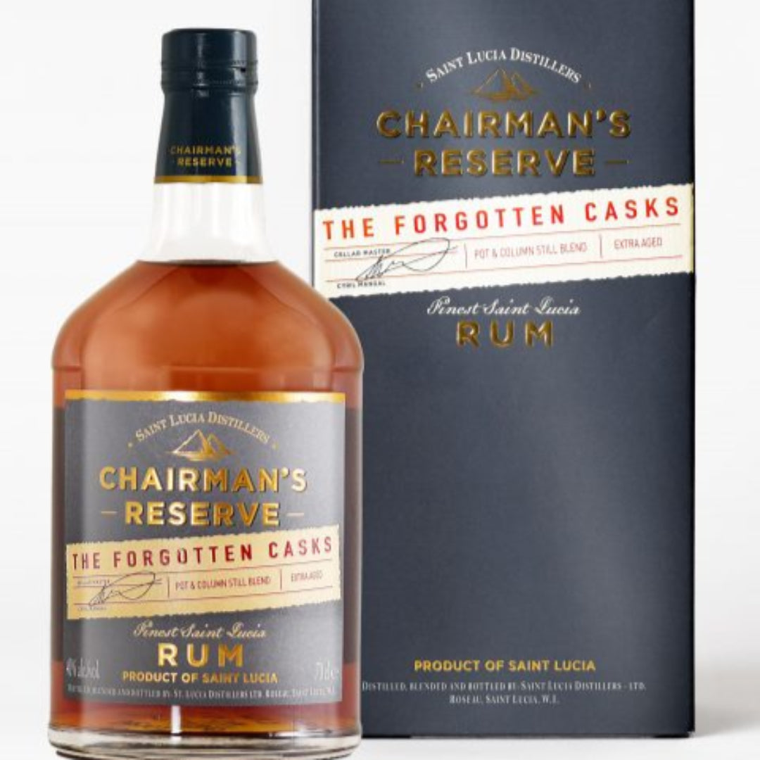 Chairman's Reserve The Forgotten Casks rum bottle and box on a white background