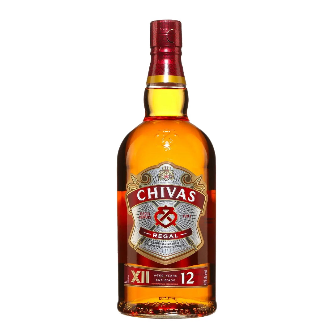 Chivas Regal 12-year-old whiskey bottle on a white background