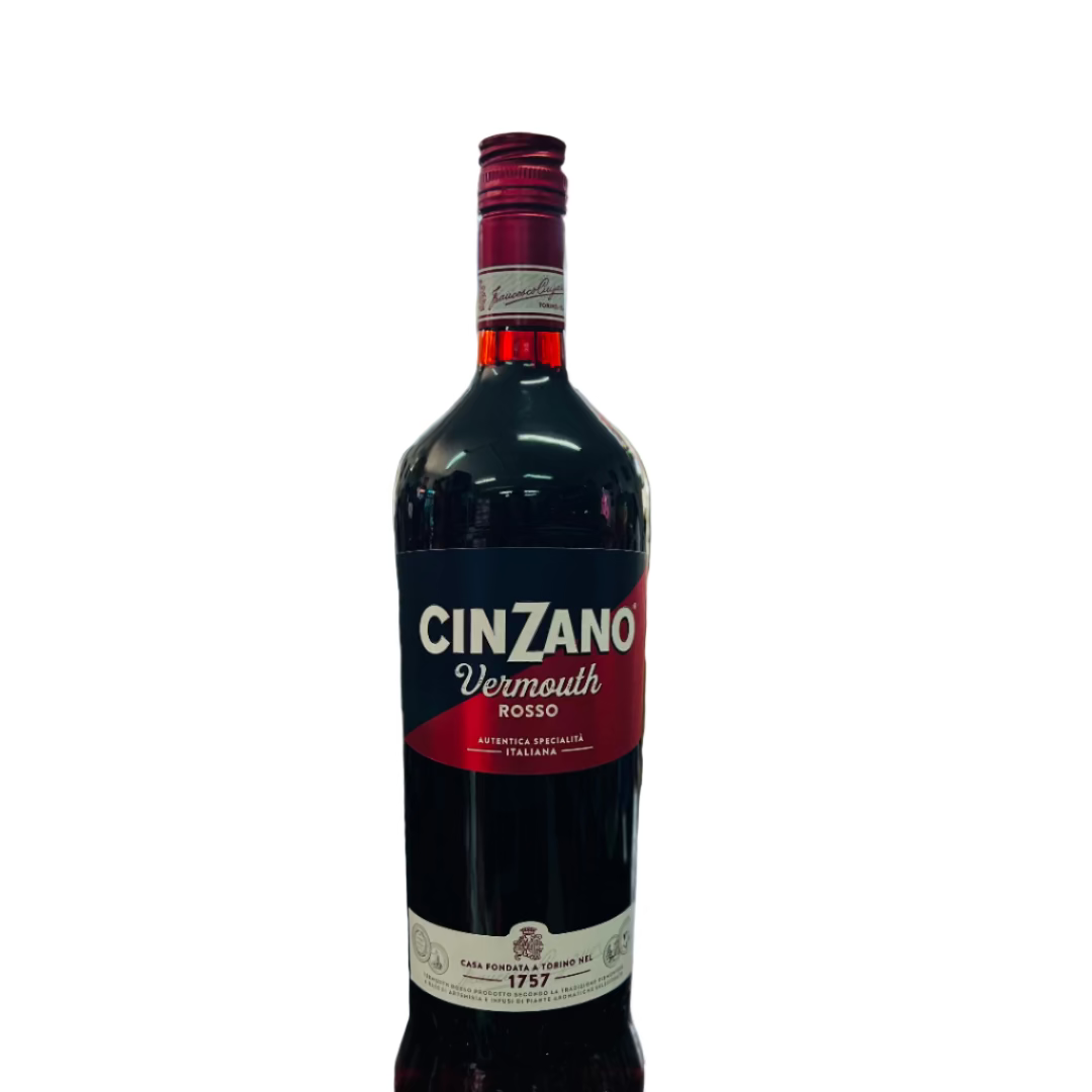 Bottle of Cinzano Vermouth Rosso on a bar counter with a blurred bar background