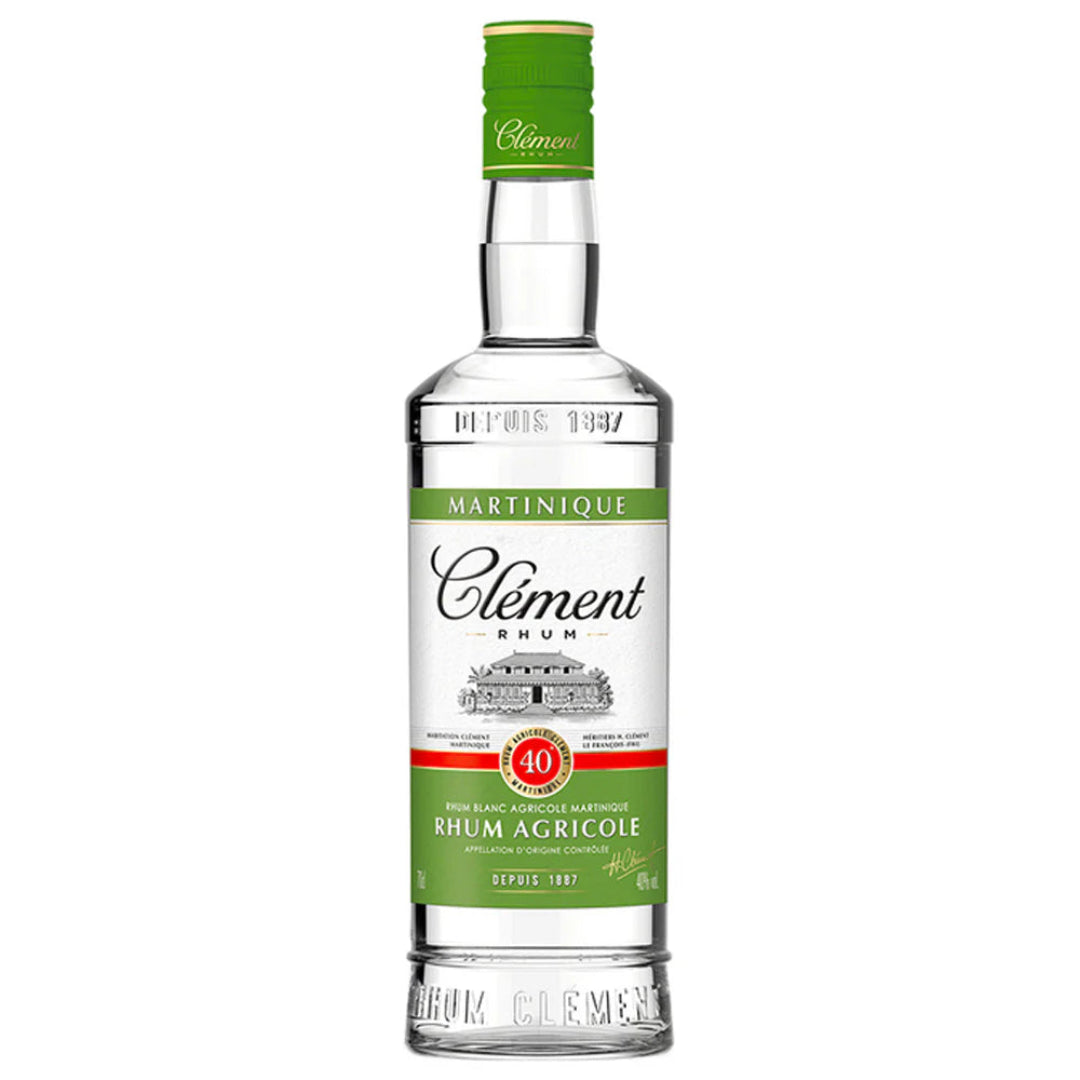 Clement Rhum bottle with green cap and label on a white background