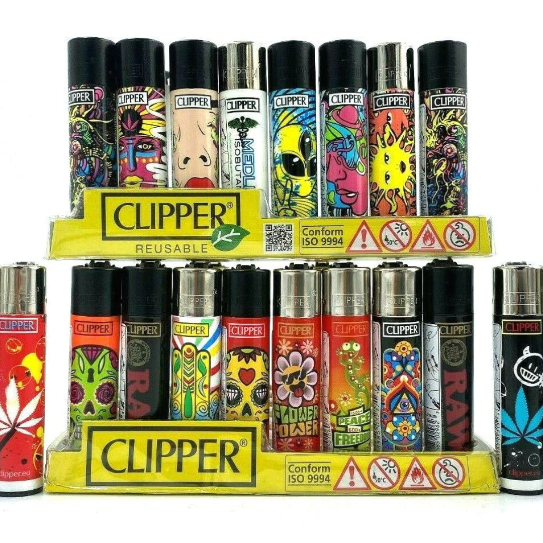 Display of Clipper lighters with various designs on a white background
