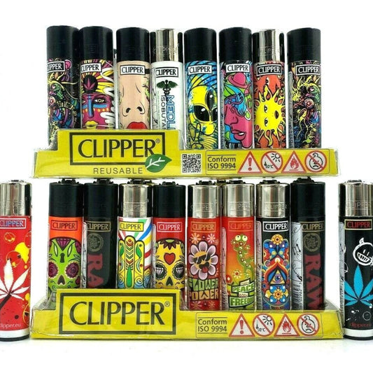 Display of Clipper lighters with various designs on a white background