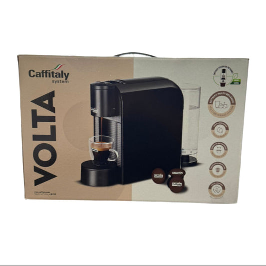 Caffitaly Volta coffee machine box on a shelf with various products in the background
