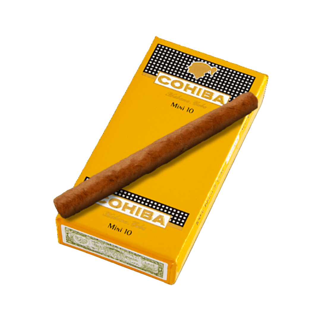 Cohiba mini cigars on a yellow packaging with a clear background
