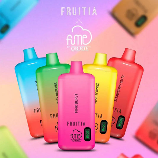 Colorful 'Fruitia' vape devices with gradient colors on a gradient background, featuring the Orijoy logo.