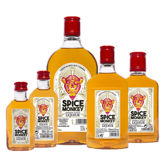 Spice Monkey liqueur bottles of different sizes on a transparent background