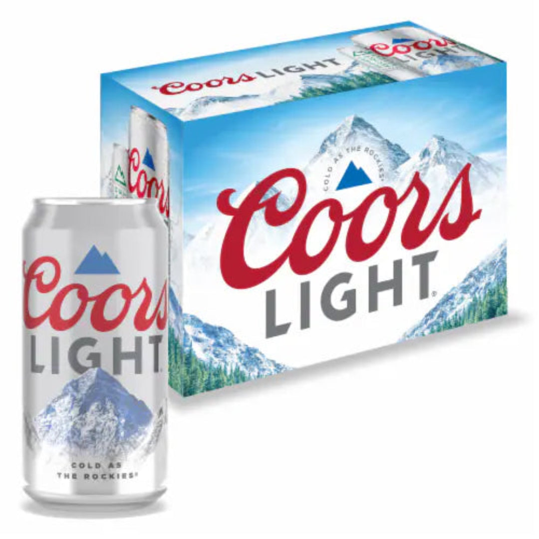 Coors Light beer can and six-pack with mountain scenery design