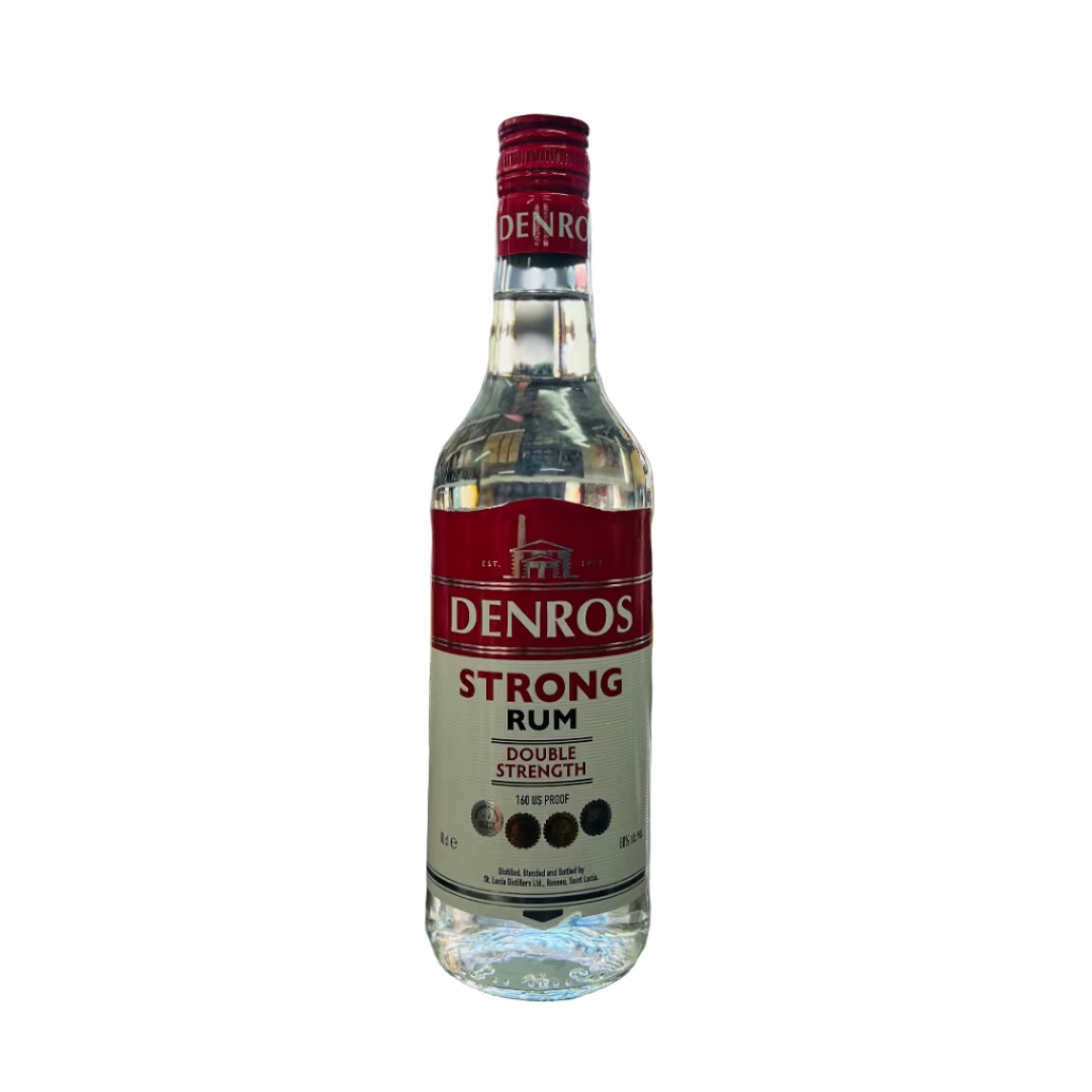 Denros Strong Rum bottle on a bar counter with a blurred bar background