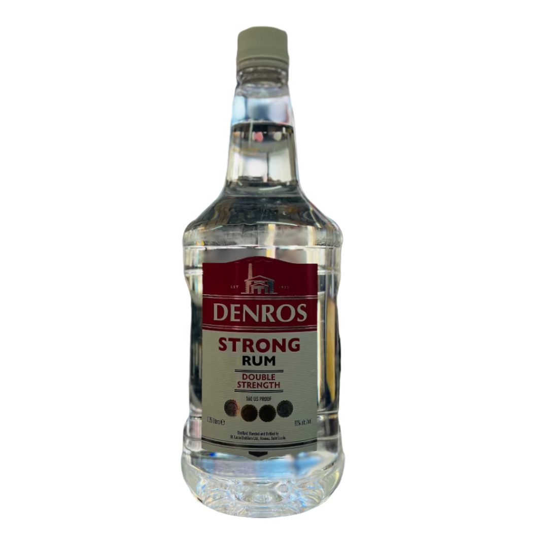 Denros Strong Rum bottle on a bar counter with blurred shelves in the background